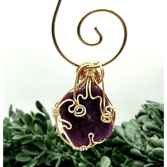 Handcrafted Amethyst Gemstone Wire-Wrapped Pendant With Gold-Tone Artistic Spira - Picture 6 of 6